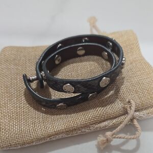 Tory Burch 14" Black Leather Wrap Bracelet with Silver Accents